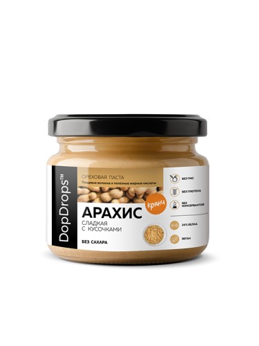 DopDrops Арахисовая паста Кранч с экстрактом монк фрукта, 250 g стекло NEW